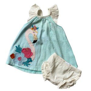 Mud Pie cotton gauze Flamingo dress bloomers set 3-6m NWT beach blue pink